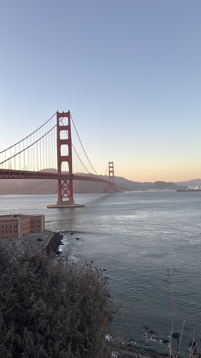 The Golden Gate Bridge at sunset.